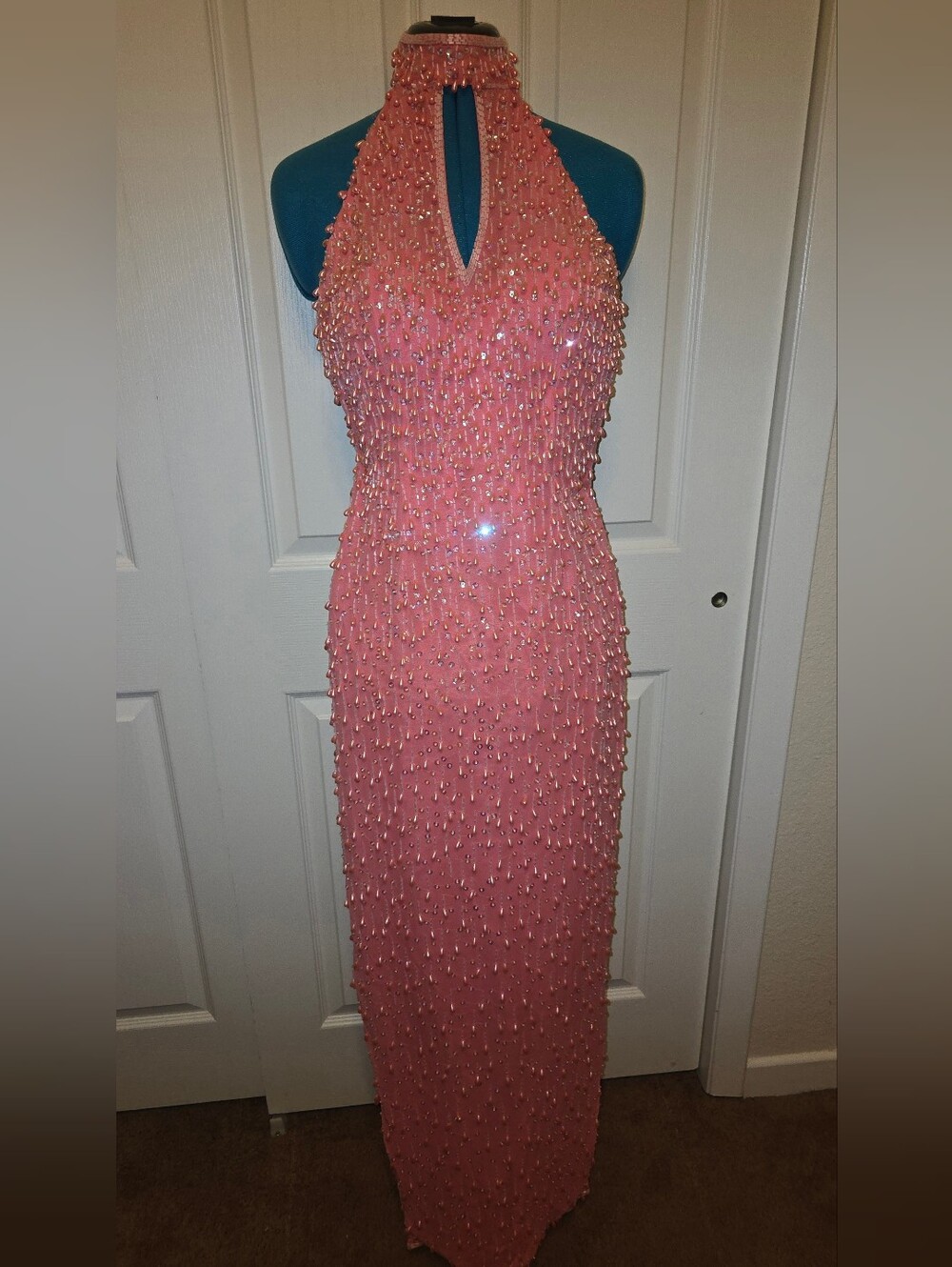 Beaded Halter Evening Gown - Pink Salmon Color